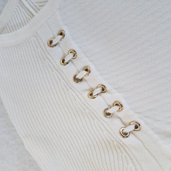 INC Ivory Ribbed Sweater Lace Up Eyelet Detail MEDIUM Long Sleeve Stretch - Picture 8 of 11